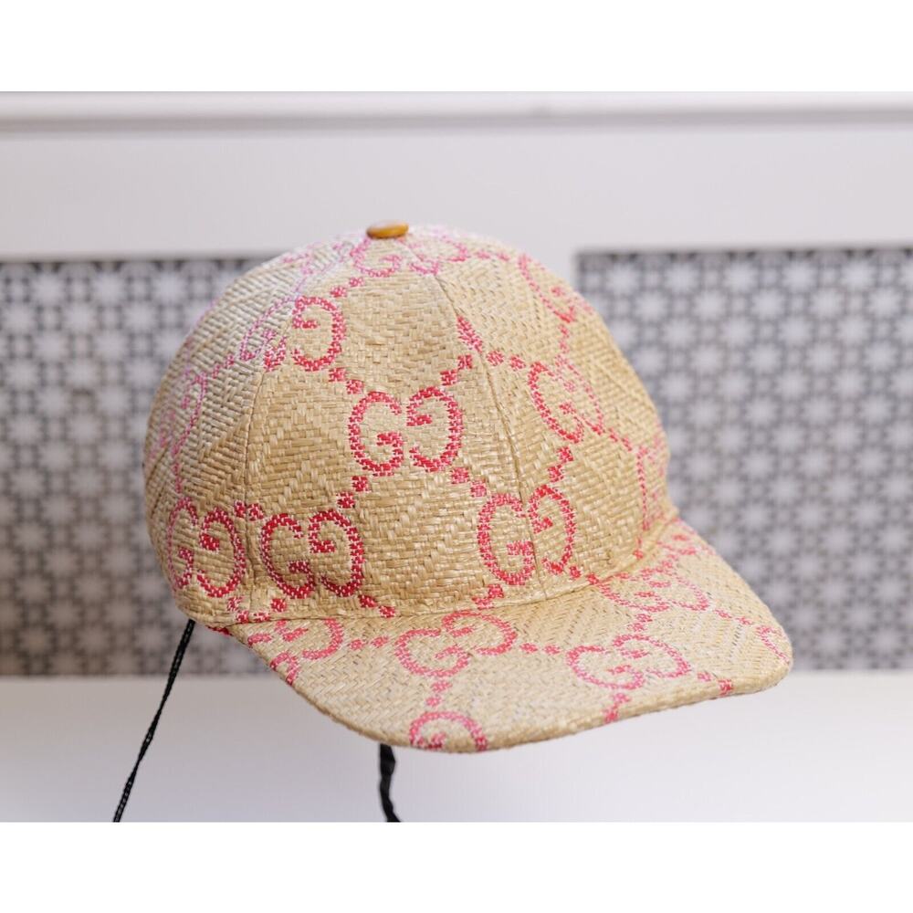 Gucci GG Straw Woven-Effect Pink Logo Pattern Baseball Cap (Size M) RRP $620